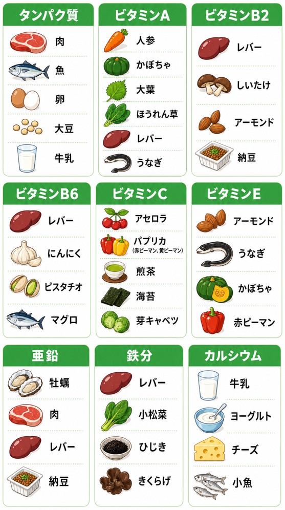 爪の健康維持に必要なタンパク質・鉄分・亜鉛などの栄養素を示す図