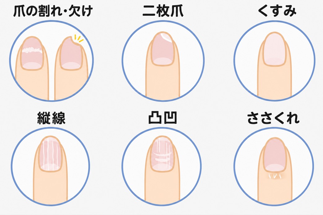 爪の乾燥によって起こりやすい割れ・欠け・二枚爪・くすみ・縦線・凸凹・ささくれを示す図