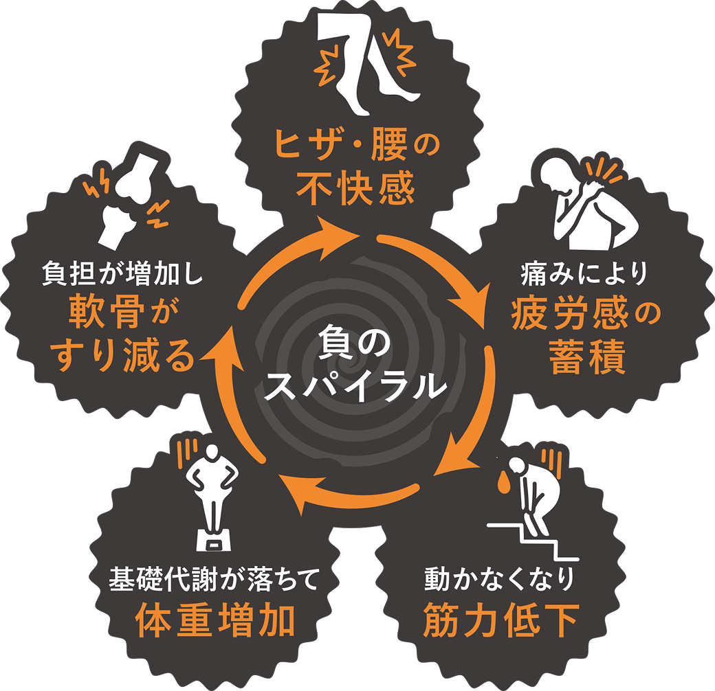 5つの負のスパイラル：ヒザ・腰の不快感。痛みにより疲労感の蓄積。動かなくなり筋肉低下。基礎代謝が落ちて体重増加。負担が増加し軟骨がすり減る。