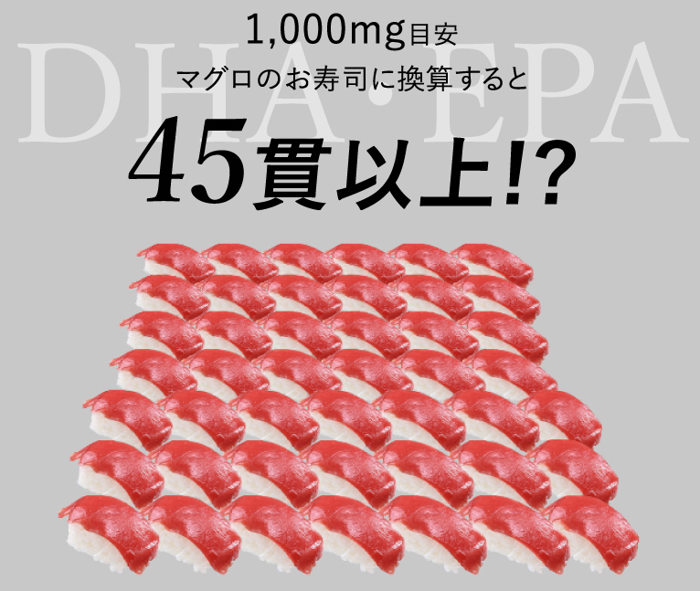 1,000mg目安マグロのお寿司に換算すると45貫以上!? 出典：文部科学省「日本食品標準成分表　2020年版（八訂）脂肪酸成分表 これでは、毎日美味しく楽しく続けるのはなかなか難しいですよね。