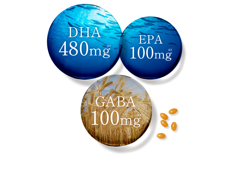 DHA480mg EPA100mg GABA100mg ※1　DHA・EPA機能性表示食品主要8商品の平均比較結果、1.42倍 出典：富士経済H･Bフーズマーケティング2019 機能志向食品※2　5粒あたり