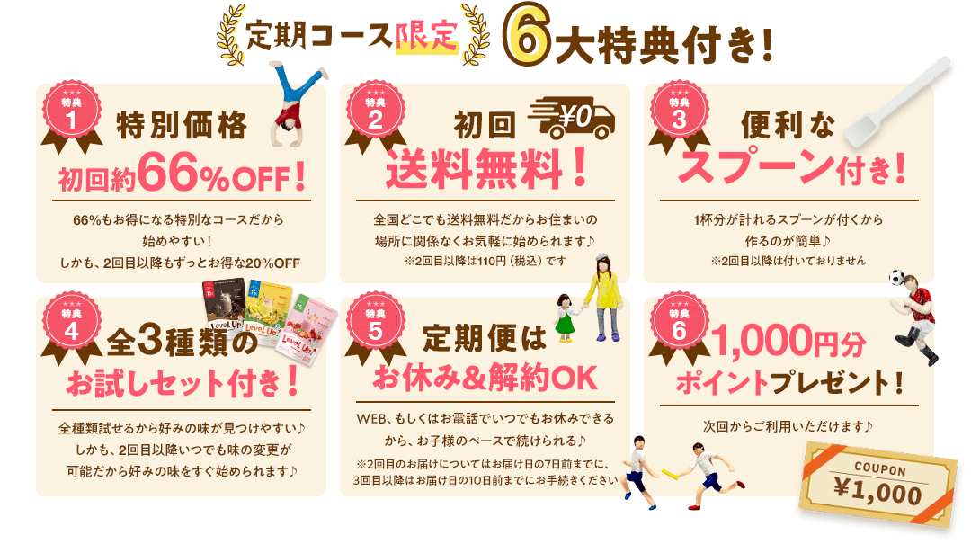特典1 特別価格初回約66%off! 約62%もお得になる特別なコースだから始めやすいしかも、2回目以降もずっとお得な20%OFF 特典2 初回送料無料!全国どこでも送料無料だから お住まいの場所に関係なくお気軽に始められます♪ ※2回目以降は110円(税込)です 特典3 便利なスプーン付き! 1杯分が計れるスプーンが付くから作るのが簡単♪ ※2回目以降は付いておりません。 特典4 全3種類のお試しセット付き! 全種類試せるから好みの味が見つけやすい♪ しかも、2回目以降いつでも味の変更が可能だから 好みの味をすぐ始められます♪ 特典5 定期便はお休み&解約OK WEB、もしくはお電話でいつでもお休みできるから、お子様のペースで続けられる♪ ※2回目のお届けについてはお届け日の7日前までに、3回目以降はお届け日の10日前までにお手続きください 特典6 1,000円分ポイントプレゼント!次回からご利用いただけます♪