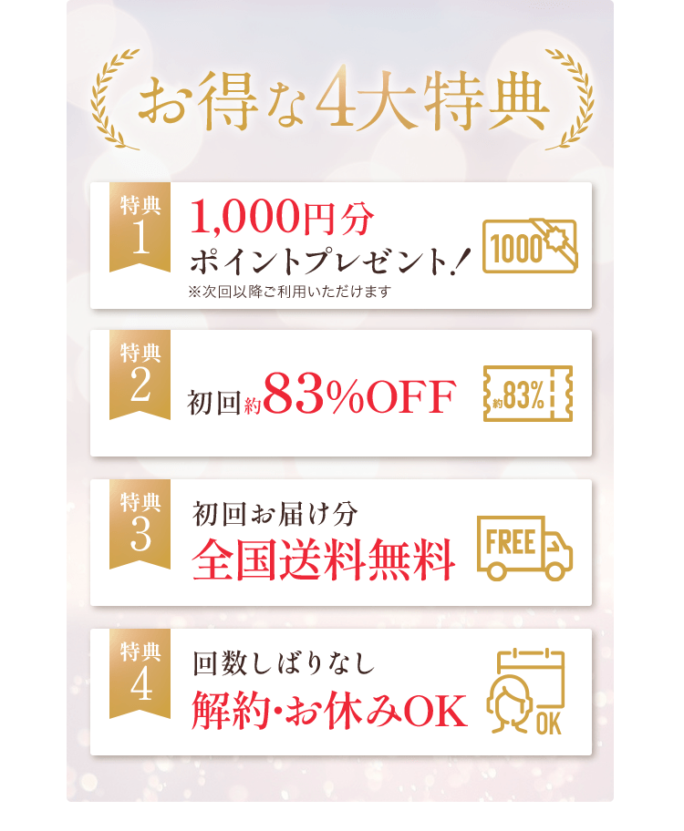 お得な4大特典　特典1　1,000円分ポイントプレゼント！※次回以降ご利用いただけます　特典2　初回約83%OFF　特典3　初回お届け分全国送料無料　特典4　回数しばりなし解約・お休みOK