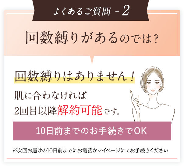 よくあるご質問 ─2 回数縛りがあるのでは？回数縛りはありません！肌に合わなければ2回目以降解約可能です。10日前までのお手続きでOK※次回お届けの10日前までにお電話かマイページにてお手続きください