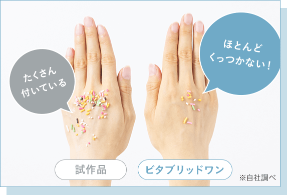 試作品：たくさん付いている ビタブリッドワン：ほとんどくっつかない！※自社調べ