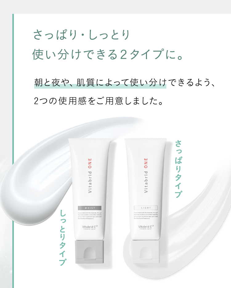 朝と夜や、肌質によって使い分けできるよう、2つの使用感をご用意しました。