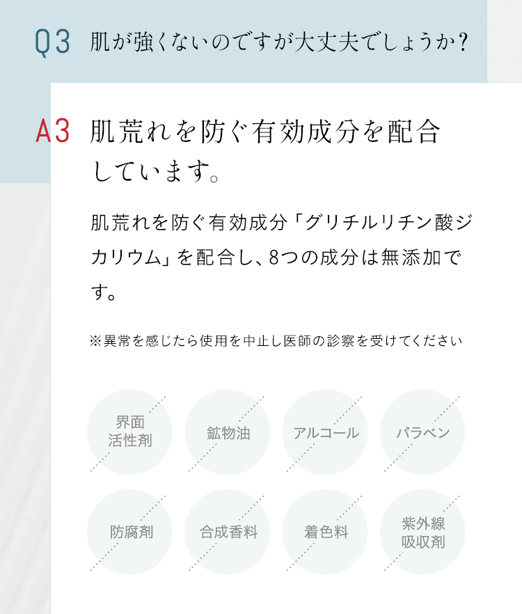 Q3 肌が強くないのですが大丈夫でしょうか？ A肌あれを防ぐ有効成分を配合しています。 抗炎症作用のある有効成分「グリチルリチン酸ジカリウム」を配合し、負担をかける成分は無添加ですが、まずはトライアルセットでお試しください。※異常を感じたら使用を中止し医師の診察を受けてください