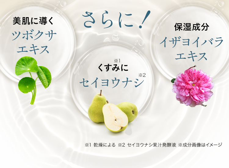 さらに！美肌に導くツボクサエキス、くすみにセイヨウナシ、保湿成分イザヨイバラエキス