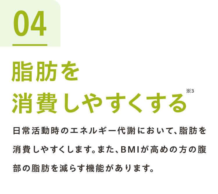 04脂肪を消費しやすくする※3 日常活動時のエネルギー代謝において、脂肪を消費しやすくします。また、BMIが高めの方の腹部の脂肪を減らす機能があります。