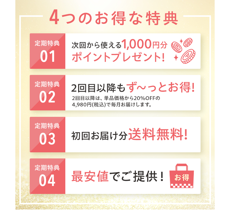 4つのお得な特典 定期特典01 次回から使える1,000円分 ポイントプレゼント! 定期特典02 2回目以降もず～っとお得! 定期特典03 初回お届け分送料無料! 定期特典04 最安値でご提供！