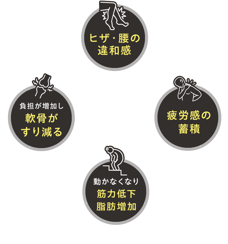 ヒザ・腰の 不快感、痛みにより疲労感の蓄積、動かなくなり筋力低下脂肪増加、負担が増加し軟骨がすり減る