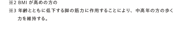 ※2 BMIが高めの方の ※3 年齢とともに低下する脚の筋力に作用することにより、中高年の方の歩く力を維持する。