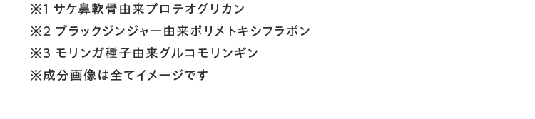 ※1 サケ軟骨由来プロテオグリカン ※2 ブラックジンジャー由来ポリメトキシフラボン ※3 モリンガ種子由来グルコモリンギン 