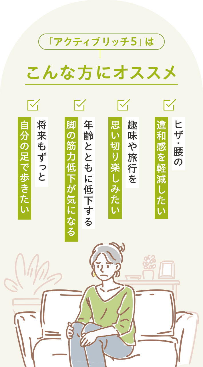 「アクティブリッチ 5」はこんな方にオススメ ヒザ・腰の 違和感を軽減したい、趣味や旅行を 思い切り楽しみたい、年齢とともに低下する 脚の筋力低下が気になる、将来もずっと 自分の足で歩きたい