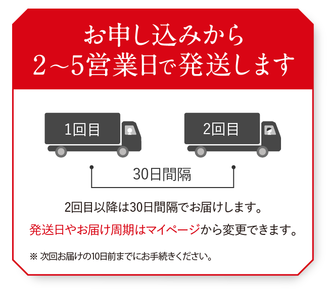 お申し込みから2〜5営業日で発送します ※次回お届け日の10日前までにお手続きください。