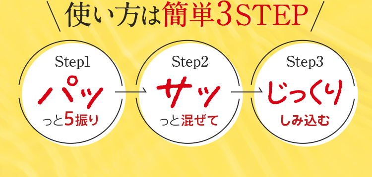 使い方は簡単3step。Step1パッっと5振り、Step2サッと混ぜて、Step3じっくりしみ込む