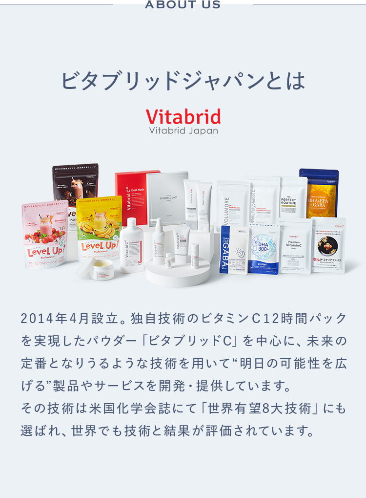 ビタブリッドジャパンとは2014年4月設立。独自技術のビタミンＣ12時間パックを実現したパウダー「ビタブリッドC」を中心に、未来の定番となりうるような技術を用いて“明日の可能性を広げる”製品やサービスを開発・提供しています。その技術は米国化学会誌にて「世界有望8大技術」にも選ばれ、世界でも技術と結果が評価されています。