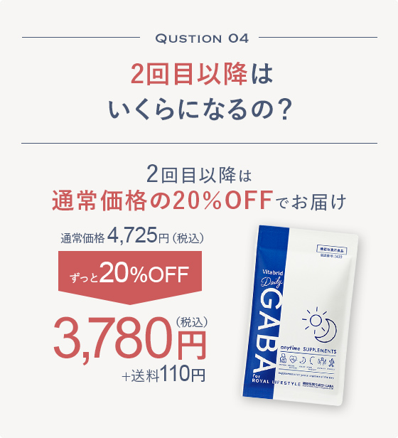 Qustion 04 2回目以降はいくらになるの？2回目以降は通常価格の20％OFFでお届け 通常価格4,725円（税込）ずっと20%OFF3,780円(税込)+送料110円