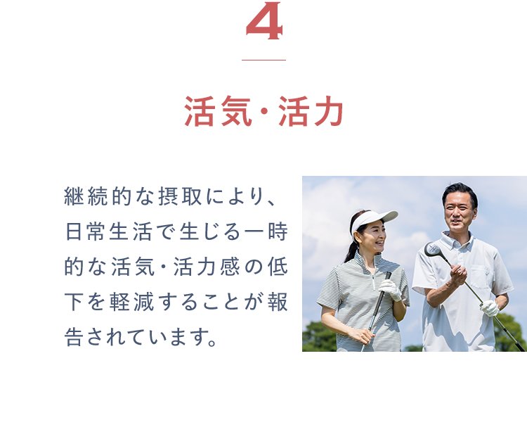 4活気・活力 継続的な摂取により、日常生活で生じる一時的な活気・活力感の低下を軽減することが報告されています。