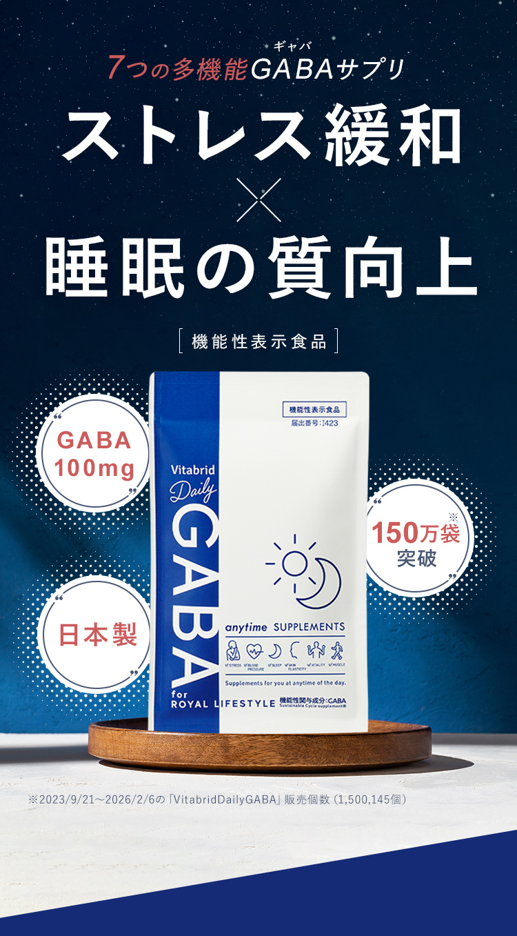 7つの多機能GABAサプリストレス緩和x睡眠の質向上 機能性表示食品 GABA100mg 日本製 150万袋突破※　※2023/9/21～2026/2/6の「VitabridDailyGABA」販売個数（1,500,145個）