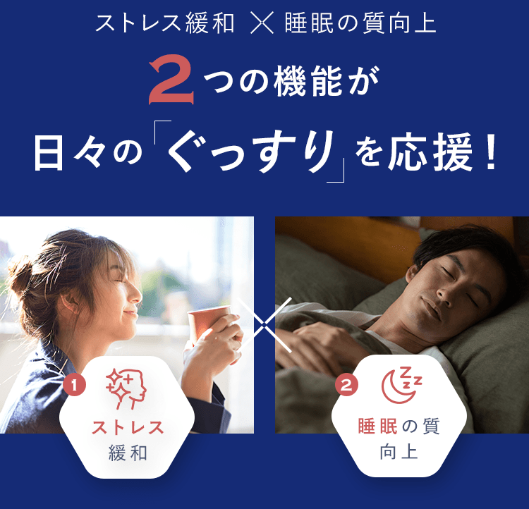 ストレス緩和x睡眠の質向上　2つの機能が日々の ぐっすり を応援！　1ストレス緩和、2睡眠の質向上