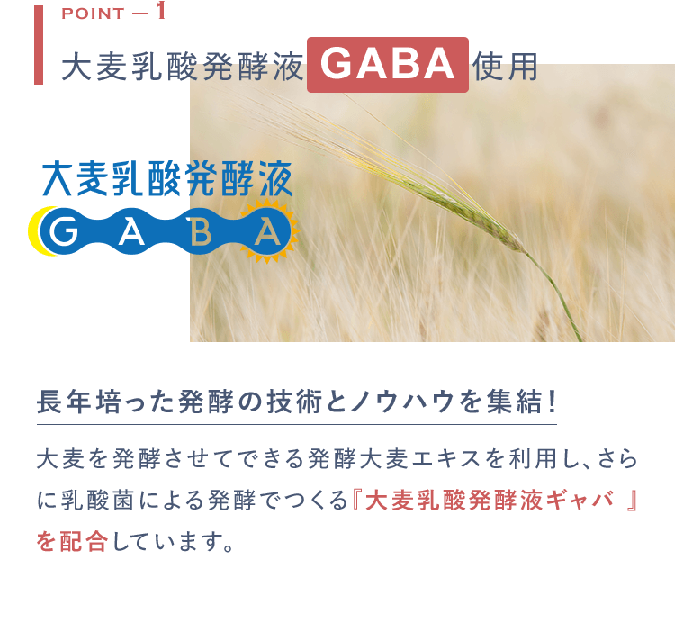 POINT1 大麦乳酸発酵液 GABA使用 長年培った発酵の技術とノウハウを集結！大麦を発酵させてできる発酵大麦エキスを利用し、さらに乳酸菌による発酵でつくる『大麦乳酸発酵液ギャバ 』を配合しています。