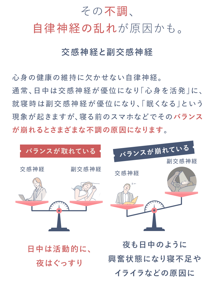その不調、自律神経の乱れが原因かも。交感神経と副交感神経心身の健康の維持に欠かせない自律神経。
				通常、日中は交感神経が優位になり「心身を活発」に、就寝時は副交感神経が優位になり、「眠くなる」という現象が起きますが、寝る前のスマホなどでそのバランスが崩れるとさまざまな不調の原因になります。日中は活動的に、夜はぐっすり。夜も日中のように興奮状態になり寝不足やイライラなどの原因に
